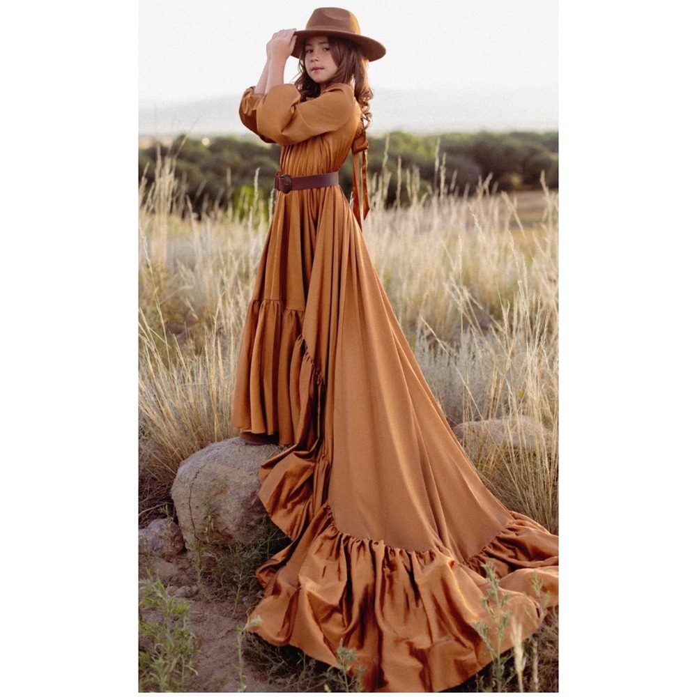 Joyfolie Leana Impact Dress Dark Honey Brown Satin Ruffle High Low Gown Kids 10